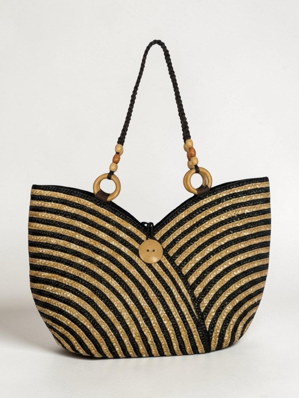 Woven Straw Tote Shoulder Bag in Black and Natural